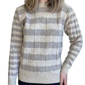 Vintage 80s Womens Brown Cream Striped 100% Lambswool Soft Crewneck Sweater Sz M